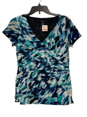 Style & Co Womens Multicolor Short Sleeve V-Neck Ruched Top M Nylon Polyester